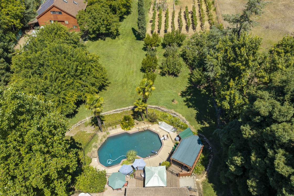 Aerial view of the pool and orchard